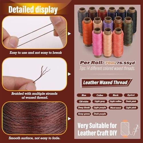 Waxed Thread 0.55mm 14pcs 76 Yard Leather Thread for Hand Sewing (230 Foot)