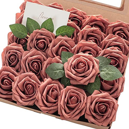Artificial Flowers 25pcs Real Looking Dusty Cedar Foam Fake Roses with Stems for DIY Wedding Bouquets Bridal Shower Centerpieces Floral Arrangements Party Tables Home Decorations (25 Count )