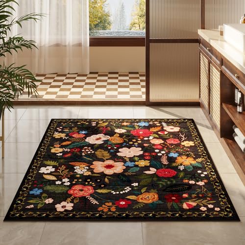 Area Rug 4x6 Rug Washable Boho Rugs Non Slip Low Pile Floral Small Carpet for Bedroom