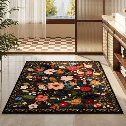 Area Rug 4x6 Rug Washable Boho Rugs Non Slip Low Pile Floral Small Carpet for Bedroom