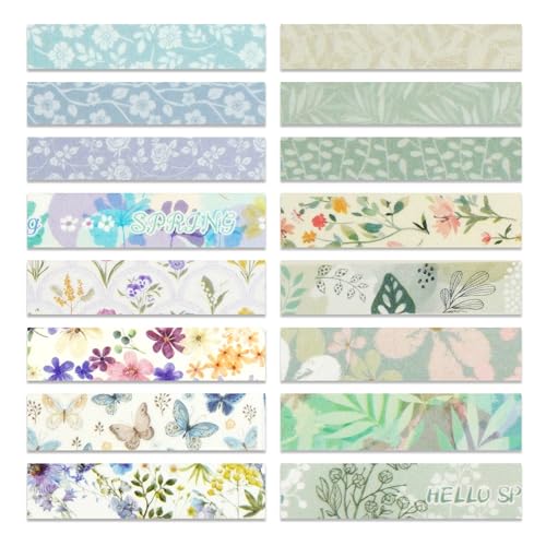 Spring Washi Tape Set 16 Rolls Flowers Printed Embellishment Green Decorative Masking Tapes for Arts (16 Count)
