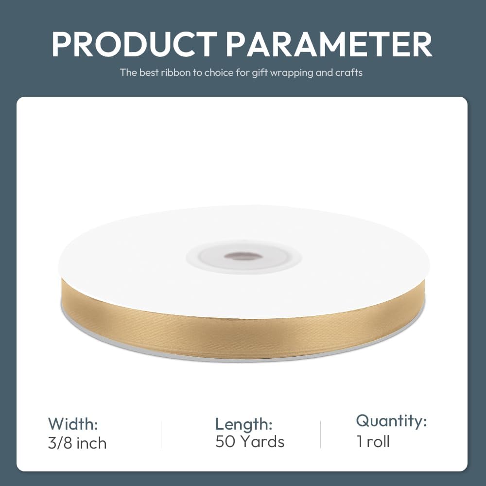 3/8" Wide x 50 Yards Champagne Gold Single Faced Polyester Satin Ribbon for Wedding Decor, Wreath, Crafts, Gift Wrapping & Other Projects - Crafty Corner