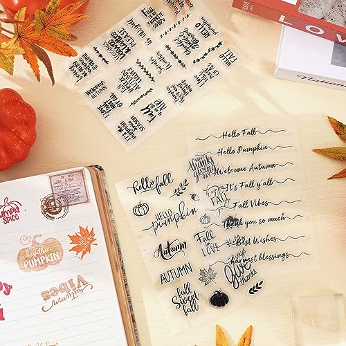 4 Sheet Fall Thanksgiving Words Clear Stamps Greeting Words Pumpkin Maple Leaves Silicone Transparent Stamps Happy Fall Stamp Cards for DIY Craft Card Making Scrapbooking Embossing Album Decor (4 Count)