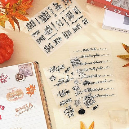 4 Sheet Fall Thanksgiving Words Clear Stamps Greeting Words Pumpkin Maple Leaves Silicone Transparent Stamps Happy Fall Stamp Cards for DIY Craft Card Making Scrapbooking Embossing Album Decor (4 Count)