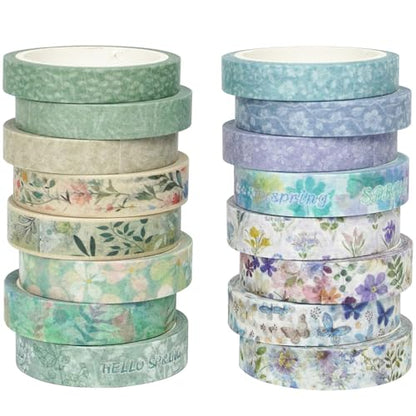 Spring Washi Tape Set 16 Rolls Flowers Printed Embellishment Green Decorative Masking Tapes for Arts (16 Count)