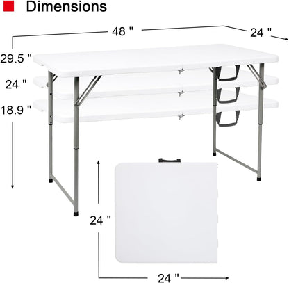 48" W x 24" D x 29.5" H - 4FT Adjustable Height Heavy Duty Plastic Fold-in-Half Foldable Table，White Portable Folding Table with Carrying Handle for Camping & Party