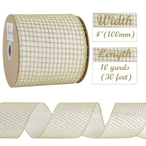 Gold Square Mesh Wired Christmas Ribbon 4 inch x 10 Yards (30 Foot)