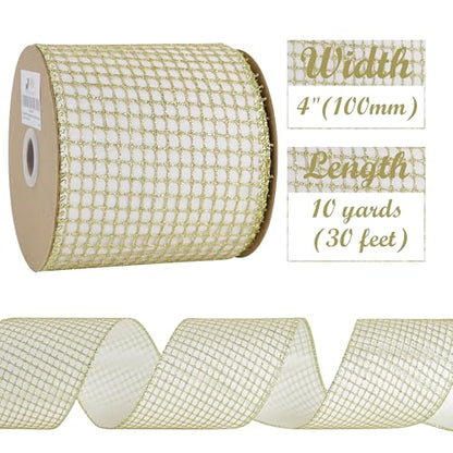 Gold Square Mesh Wired Christmas Ribbon 4 inch x 10 Yards (30 Foot)