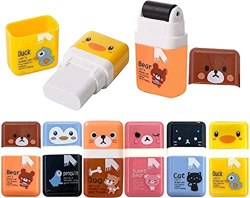6 Pack Animal Theme Pencil Erasers with Cleanup Roller & Shaving Case (6 Count)