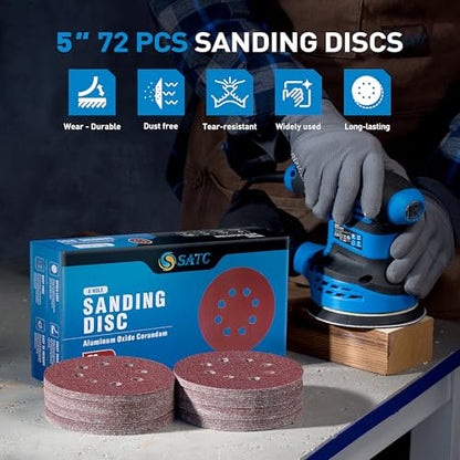 72 PCS 5 Inch 8 Hole Hook and Loop Adhesive Sanding Discs Sandpaper for Random Orbital Sander 40 60 80 120 180 240 320 Grits (72 Count)