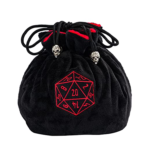 Large Dice Bags with Pockets Black Storage Bag with Drawstrings D20 Logo for DND RPG Game Dices (4.64 Ounce)