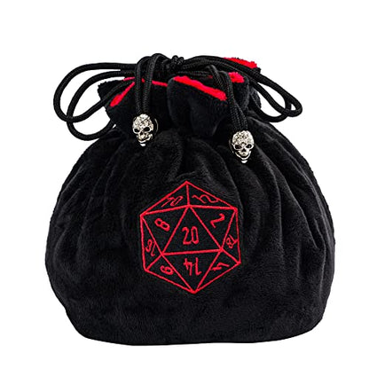 Large Dice Bags with Pockets Black Storage Bag with Drawstrings D20 Logo for DND RPG Game Dices (4.64 Ounce)