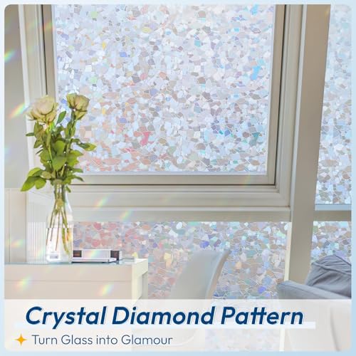 Rainbow Window Privacy Film Decorative Stained Glass Diamond Pattern Window Sticker with Iridescent Tint Non (9.58 Sq Ft)