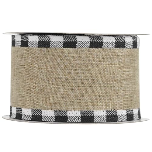 Burlap Christmas Ribbon Wired 2.5 Inch Plaid with Black and White Checkered Edging 10 Yards for Christmas Tree and Wreath Making (30 Foot)