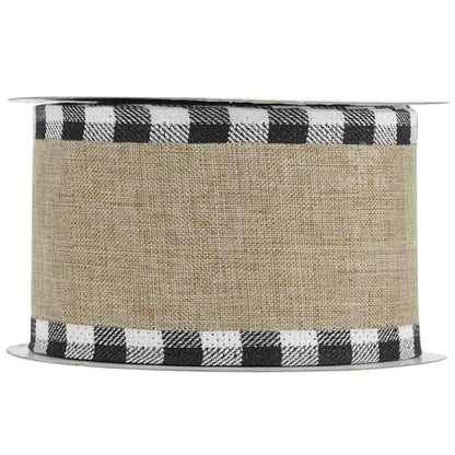 Burlap Christmas Ribbon Wired 2.5 Inch Plaid with Black and White Checkered Edging 10 Yards for Christmas Tree and Wreath Making (30 Foot)