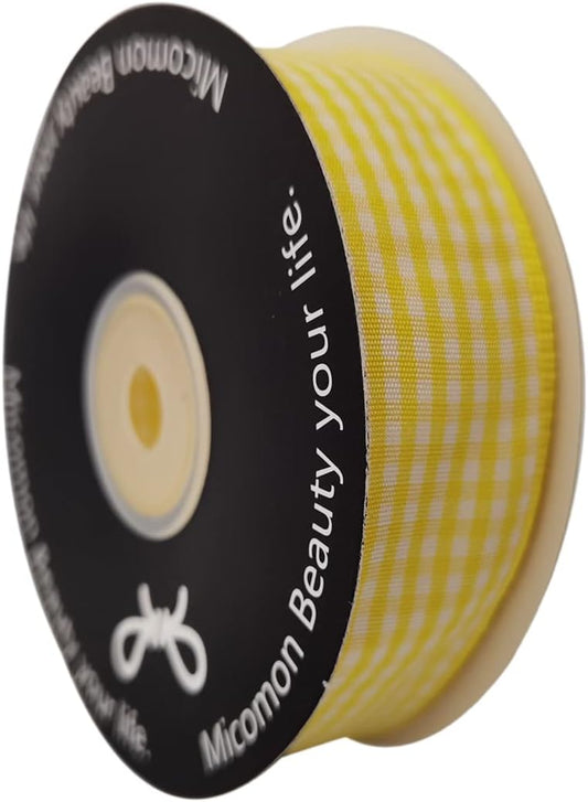 Yellow and White Gingham Ribbon Christmas Ribbon 25 Yards Each Roll 100% Polyester (1", Yellow) - Crafty Corner
