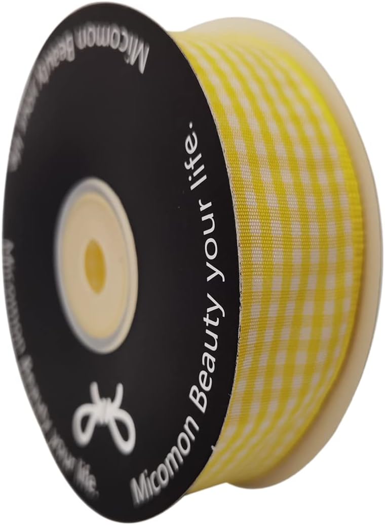 Yellow and White Gingham Ribbon Christmas Ribbon 25 Yards Each Roll 100% Polyester (1", Yellow) - Crafty Corner