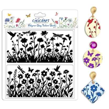 Wildflowers Silhouettes Print Pattern Clay Texture Sheet Butterflies and Hummingbirds Silicone Texture Mat DIY Tools for Polymer Clay Making Earrings Jewelry DIY Crafts 5.5 × 5.5 Inch