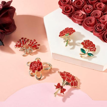 Beadthoven 5Pcs Red Flower Brooches Rose Flower Enamel Pins 3D Floral Alloy Crystal Rhinestone Brooch Metal Lapel Badge Pins for Valentine's Day Holiday Halloween Birthday Jewelry (5 Count)