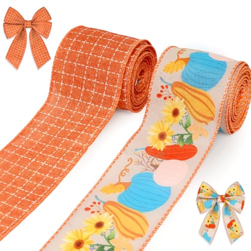 2 Rolls Fall Pumpkins Leaves Ribbons for Bows