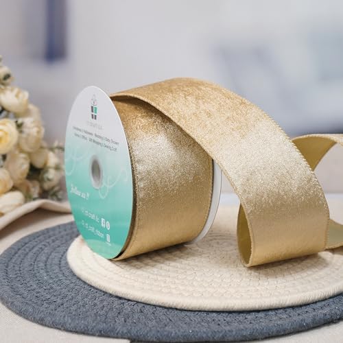 Champagne Gold Velvet Ribbon 2.5 Inch x 10 Yards for Christmas Tree Topper Home Decoration Wreath Gift Wrapping DIY Craft (30 Foot)