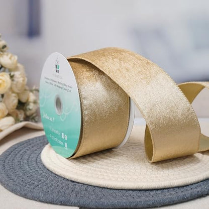 Champagne Gold Velvet Ribbon 2.5 Inch x 10 Yards for Christmas Tree Topper Home Decoration Wreath Gift Wrapping DIY Craft (30 Foot)