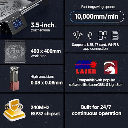 Laser Engraver Ray5 5000mW Engraver Machine with Air Assist Kit DIY CNC Laser Cutter Tool for Metal Glass Wood Working Area 15.7 "x15.7" with 4