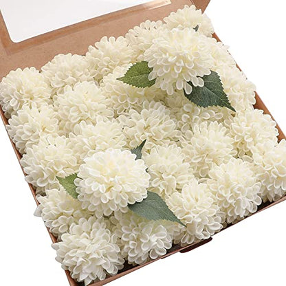 Artificial Dahlia Flowers 25pcs Real Looking Ivory Foam Fake Roses with Stems for DIY Wedding Bouquets White Bridal Shower Centerpieces Floral Arrangements Party Tables Home Decoration (25 Count)