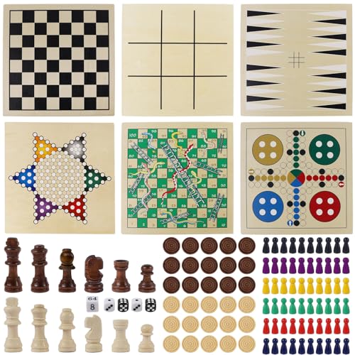 7-in-1 Wooden Board Game Set for Kids Adults, Tabletop Combo Classic Travel Portable Board Games (Chess, Checkers, Chinese Checkers, Backgammon, Parcheesi, Snakes and Ladders, Tic Tac Toe)