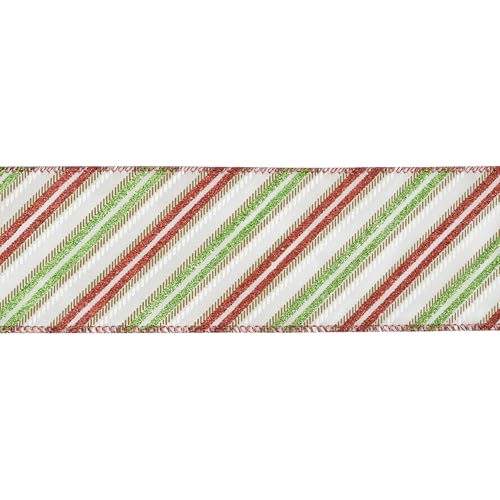 Red and Green Diagonal Striped Ribbon 2.5 Inch White Satin with Lime Green and Red Glitter Wired Ribbon for Christmas Tree (30 Foot)