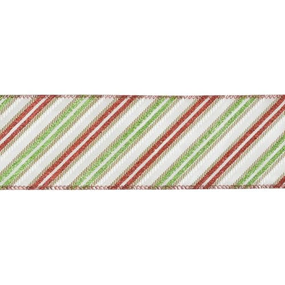 Red and Green Diagonal Striped Ribbon 2.5 Inch White Satin with Lime Green and Red Glitter Wired Ribbon for Christmas Tree (30 Foot)