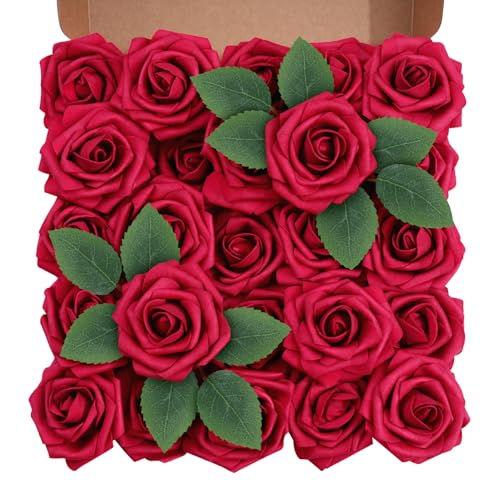 Artificial Flowers Foam Fake Roses 25pcs Red Roses with Stems for Home Decor DIY Wedding Bouquets Party Bridal Shower Centerpieces Faux Flower Arrangements Tables Decorations (25 Count)