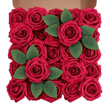 Artificial Flowers Foam Fake Roses 25pcs Red Roses with Stems for Home Decor DIY Wedding Bouquets Party Bridal Shower Centerpieces Faux Flower Arrangements Tables Decorations (25 Count)