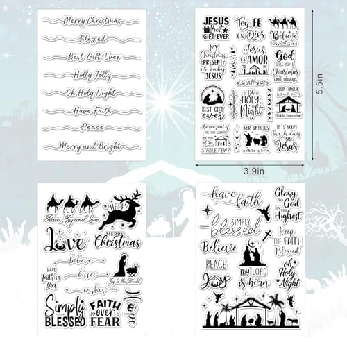 4 Sheets Christmas Clear Stamps Greeting Words Nativity Scene Silicone Transparent Stamps Holy Night Stamp for Xmas DIY Craft Card Making Scrapbooking Embossing Album Decor (4 Count)