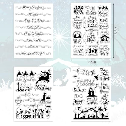 4 Sheets Christmas Clear Stamps Greeting Words Nativity Scene Silicone Transparent Stamps Holy Night Stamp for Xmas DIY Craft Card Making Scrapbooking Embossing Album Decor (4 Count)