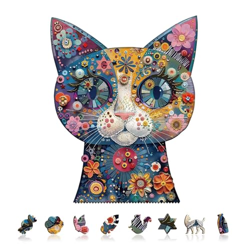 Colorful Flower Cat Puzzles Adults Gifts for Women Men Wooden 145 Pieces 11.4 x 9.0in