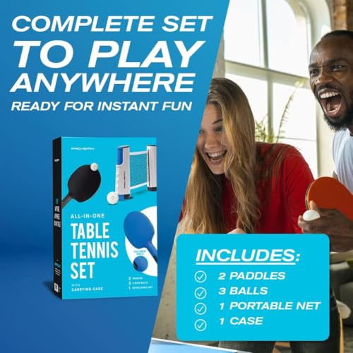 All-in-One Ping Pong Set - Retractable Ping Pong Net for Any Table (72"), Ping Pong Paddles and Balls, Storage Case (2-Player Ultra-Comfort Set, Blue/Black)