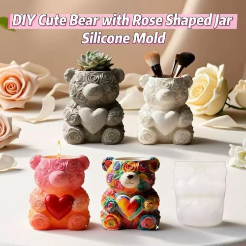 Animal Resin Molds Silicone 3D Cute Bear with Rose Epoxy Resin Jar Plaster Candle Holder Wax Molds for Candle Making