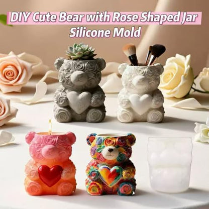 Animal Resin Molds Silicone 3D Cute Bear with Rose Epoxy Resin Jar Plaster Candle Holder Wax Molds for Candle Making