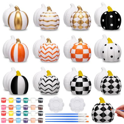 12 Set Fall Pumpkin Ceramics to Paint Autumn Pumpkin Ready to Paint Your Own Ceramic Pumpkins Statues DIY Unpainted Ceramics Paintable Fall Thanksgiving Figurines Kit Craft with Brush Palette