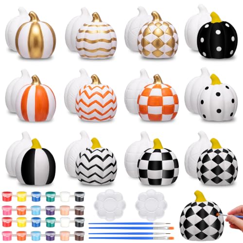 12 Set Fall Pumpkin Ceramics to Paint Autumn Pumpkin Ready to Paint Your Own Ceramic Pumpkins Statues DIY Unpainted Ceramics Paintable Fall Thanksgiving Figurines Kit Craft with Brush Palette