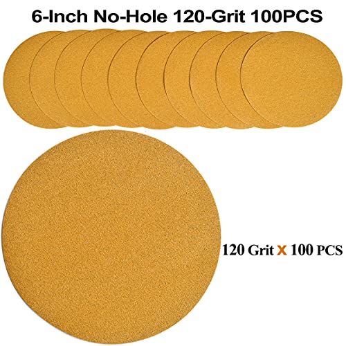 6-Inch No-Hole Hook and Loop Gold Sanding Discs 120-Grit, 100-Pack (100 Count)