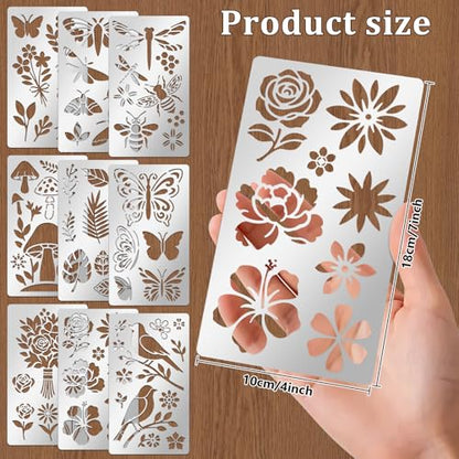 9PCS Metal Stencils Wood Burning Stencil Plant and Insect Mixed Metal Stencil Butterfly Flower Stencils for Journaling Engraving Templates for Wood Carving Drawing Scrapbooking Craft DIY (9 Count)
