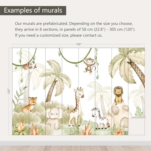 Safari Wallpaper Watercolor Animal Nursery wall murals for Kids Room 182"x120"