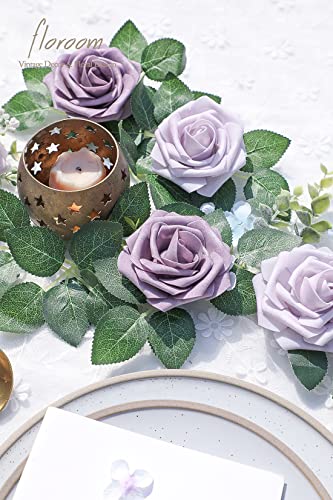 Artificial Flowers 25pcs Real Looking Lavender African Violet Purple Foam Fake Roses with Stems for DIY Wedding Bouquets Bridal Shower Centerpieces Floral Arrangements Party Tables Decorations (25 Count)