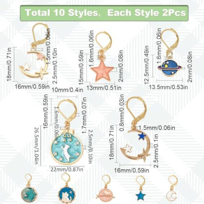 1 Box 20Pcs Stitch Markers Crochet Stitch Marker Cute Planet Moon Star Enamel Charms Clip On Removable Lobster Clasp Zipper Pull Charm Locking Knitting Markers for Weaving Sewing Quilting (20 Count)