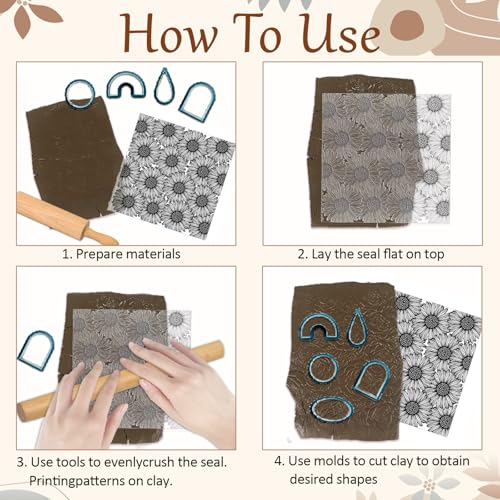 Wishing Flowers Polymer Clay Texture Sheets Silicone Texture Stamp Clay Texture Mat Modeling Pattern Pad Texture Sheets for Jewelry and Clay Earrings Tools