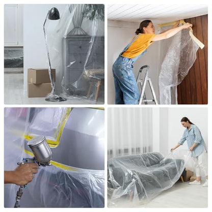 3 Rolls Pre Taped Masking Film 106.3" x65.6ft Double Adhesive Tape and Drape Painters Plastic Drop Cloth Film with Tape Plastic Sheeting for Automotive Painting Covering (3 Count)