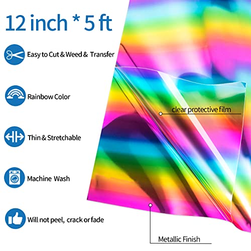 Rainbow Metallic Foil Heat Transfer Vinyl 12" x5ft HTV Vinyl Roll Holographic Chrome Iron on Vinyl Easy to Cut & Weed DIY Heat Press Design for T