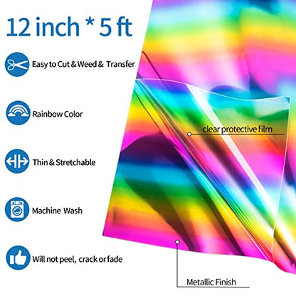 Rainbow Metallic Foil Heat Transfer Vinyl 12" x5ft HTV Vinyl Roll Holographic Chrome Iron on Vinyl Easy to Cut & Weed DIY Heat Press Design for T